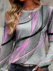 abordables Camiseta de Arte &amp; Diseño-Camiseta de Mujer de Manga Larga con Cuello Redondo Túnica Gráfica Geométrica Rayas Vintage Elegante Tops Regulares para el Día a Día Impresión en Púrpura Otoño Prefall