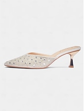 baratos cocktail-mules femininas de bico fino com strass prateados - sapatos elegantes de salto médio sem cadarço para coquetéis e eventos noturnos