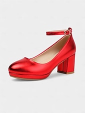 abordables Estilo Disco y Hippie de los años 70-Zapatos de tacón cuadrado con plataforma dorada para mujer, años 80: zapatos de fiesta retro con tira en el tobillo y punta redonda brillante para discotecas, bailes y cócteles.