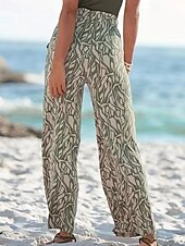 abordables jambe large et taille haute-Femmes Jambe large Slacks Streetwear Occasionnel Longueur complète Naturel Fleur Avec Poches Imprimé Doux Fête Week-end Vert Automne Coupe régulière