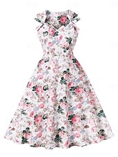 halpa Mekot-Retro / vintage 1950-luku rockabilly Keskipäivä Swing -mekko Flare mekko Istuvuus ja levennys Kukka Naamiaispuku Naisten Naamiaiset Loma Kausaliteetti Retro-teemaiset juhlat Aikuiset Leninki Kevät
