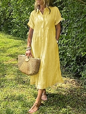 abordables Robe Rayée et Géométrique-Femmes Robe Longue Maxi Robe Robe Chemise Robe Décontractée Mode Extérieur Soirée Fête Coupe régulière Rayé Manche Courte Col de chemise Noir Blanche Jaune Rose Claire Été