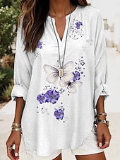 billige Dyr Topp-Dame Bluse Grafisk Sommerfugl Elegant Stilfull Fritid Langermet V-hals Vanlige topper Daglig Ferie Trykt mønster Rød Lilla Grønn Regnbue Sommer Vår