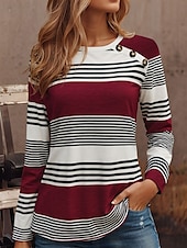 ieftine Tricou cu dungi și geometric-Pentru femei Tunică Tricou Grafic Geometric Dungi Epocă Stilat Clasic Manșon Lung Stil Nautic Rotund Topuri obișnuite Zilnic Ieșire Sfârșit de săptămână Nasturi Imprimeu Roșu-aprins Albastru piscin