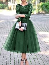 preiswerte Cocktailkleider-A-Linie Cocktailkleider Elegantes Kleid Knöchellang 3/4 Ärmellänge Juwel-Ausschnitt Herbst Hochzeitsgast Tüll mit Falten Spitzen-Einsatz Kleider