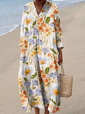 billiga Konst &amp; Design Klänning-Dam Midi Klänning V-hals Lång ärm Kaftan Lätt Loose Fit A-linje Klänning Avslappnad Utgång Loose Fit Grafisk Geometrisk Lång ärm V-hals Mörkröd Gul Blå Grön Höst