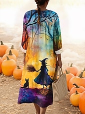 preiswerte Halloweenkleid-Halloween Damen Midi Kleid V-Ausschnitt Lange Ärmel Kaftan Leicht Lockerer Schnitt A-Linien Kleid Lässig Ausgehen Grafisch Lange Ärmel V-Ausschnitt Gelb Orange Grün Regenbogen Herbst