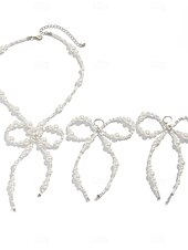 economico Collana da donna-Set di collana con fiocco di perle e orecchini pendenti da donna: eleganti gioielli di tendenza per feste di moda e cocktail party
