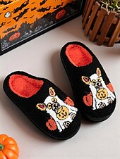 abordables Pour les femmes-Chaussons unisexes en polaire brodés pour chien d&#039;Halloween – chaussures d&#039;intérieur confortables avec motif citrouille pour femmes et hommes
