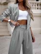 abordables Ensembles chemisiers pour femmes-Femmes Mode Quotidien Ensembles deux pièces Ensembles de Pantalons manche longue Col de chemise Rayé Imprimé Bureau Noir Bleu Gris Été Coupe régulière