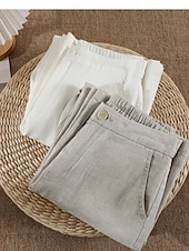 Dámské chino kalhoty s širokými nohavicemi z bavlny a lnu, etnický styl, základní, ležérní, plná délka, střední pas, bez kapes, pohodlné, outdoor, neelastické, ležérní, denní, černá, bílá, zelená, khaki, léto, jaro, regular fit levne Hladké bavlněné plátěné kalhoty-Dámské chino kalhoty s širokými nohavicemi z bavlny a lnu, etnický styl, základní, ležérní, plná délka, střední pas, bez kapes, pohodlné, outdoor, neelastické, ležérní, denní, černá, bílá, zelená, khaki, léto, jaro, regular fit