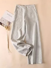 Dámské chino kalhoty s širokými nohavicemi z bavlny a lnu, etnický styl, základní, ležérní, plná délka, střední pas, bez kapes, pohodlné, outdoor, neelastické, ležérní, denní, černá, bílá, zelená, khaki, léto, jaro, regular fit levne Hladké bavlněné plátěné kalhoty-Dámské chino kalhoty s širokými nohavicemi z bavlny a lnu, etnický styl, základní, ležérní, plná délka, střední pas, bez kapes, pohodlné, outdoor, neelastické, ležérní, denní, černá, bílá, zelená, khaki, léto, jaro, regular fit