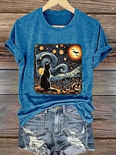 abordables Hauts d&amp;#39;Halloween-Halloween Femmes T-shirt Graphique Crâne Chat ancien Élégant Classique Manche Courte Col ras du cou Col rond Hauts Réguliers Quotidien Week-end Imprimé Noir Blanche Bleu Orange Gris Été Automne