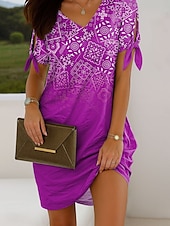 preiswerte Boho Kleider-Damen Minikleid Freizeitkleid T-Shirt-Kleid Sommerkleid Elegant Urlaub Vintage Kalter Schulter-Ärmel Normale Passform Ombre Grafik Geometrisch Kurzarm V Ausschnitt Rote Blau Purpur Grün Sommer