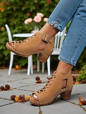 olcso Block Heels-női peep toe kivágott tömbsarkú bokacsizma hátsó cipzárral – stílusos nyári vastag sarkú cipő randevúkra, kerti partikra és szabadtéri rendezvényekre