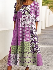 preiswerte Blumenkleid-Damen Midikleid Freizeitkleid A Linie Kleid Sommerkleid Urlaub Lässig Ferien Normale Passform Blumen Grafik Geometrisch Halbarm Rundhalsausschnitt Schwarz Gelb Blau Purpur Sommer Frühling