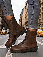 baratos Botas de tornozelo-Botas de combate femininas de couro sintético marrom com zíper lateral – botas de cano curto com cadarço para trabalho ao ar livre no outono, tarefas agrícolas e uso casual diário