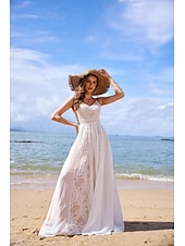 baratos Vestidos de Casamento-Vestidos de Casamento Boho com Costas Abertas de Praia A-Line Decote em V Alças Finas Sem Mangas Cauda de Varredura  Pincel em Chiffon com Franjas