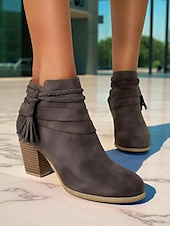 abordables Cowboy et bottes occidentales-Bottines en similicuir noir pour femme avec bride tressée à pompon - Bottines à talons épais de style western confortables pour les tenues d&#039;automne, les looks bohèmes et les tenues de tous les jours