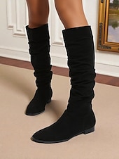 olcso Slouch Boots-női bő, térdig érő, lapos csizma - bézs művelúr retró stílusú, őszi divatos csizma hétköznapi viseletre és kosztümökbe