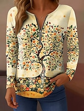 abordables T-shirt Art &amp; Design-Femmes T-shirt Fleuri Graphique Élégant ancien Classique manche longue Col en V Hauts Réguliers Quotidien Week-end Fermeture éclair Imprimé Rose Claire Bleu Orange Vert Printemps Automne