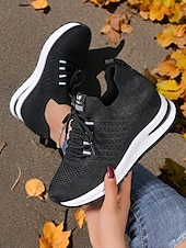baratos Ténis de mulher-Tênis feminino flyknit com salto oculto, estilo esportivo com listras ousadas, perfeito para uso diário, caminhadas e passeios casuais