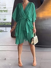 cheap Chiffon Dresses-Women's Mini Dress Cocktail Dress Wedding Guest Dress Chiffon Chiffon Dress Fashion Modern Outdoor Vacation Regular Fit Plain 3/4 Length Sleeve V Neck Green Summer Spring Fall Autumn