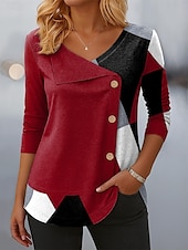 billige Stripe og geometrisk t-skjorte-Dame Bluse Grafisk Geometrisk Fargeblokk Årgang Stilfull Moderne Langermet V-hals Vanlige topper Daglig Lapper Knapper Trykt mønster Rød Blå Lilla Grønn Vår Høst Vinter