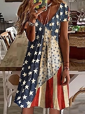 abordables Robes Floraux Imprimés-Femmes Mini Robe Robe Décontractée Robe d&#039;été Mode Moderne Quotidien Plage Week-end Coupe régulière Drapeau national Manche Courte Col en V Bleu Bleu de minuit Printemps Automne