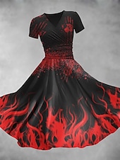 abordables Robe d&amp;#39;Halloween-Robe midi d&#039;Halloween pour femme, robe trapèze, robe d&#039;été, robe ajustée et évasée, soirée, décontractée, tous les jours, vacances, coupe classique, graphique, abstrait, manches courtes, col en V,