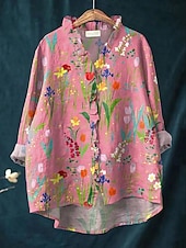 tanie Kwiatowe bluzki-Damskie Koszula Boho Falbana Kwiaty Graficzny Bohema Zabytkowe Elegancki Długi rękaw Zwykłe topy Codzienny Święto Szałwiowy Rumiany róż Brudny róż Fioletowy Fuksja Lato Wiosna Jesień