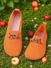 abordables Chaussures sans lacet et mocassins femme-Mocassins Flyknit orange à bout large pour femme – chaussures plates décontractées, confortables et respirantes avec chaîne en métal, idéales pour le shopping, le travail et les promenades dans le jardin