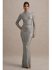 economico Abiti da sera a tubino-Abito da sera elegante in velluto dorato con paillettes a sirena  tromba lungo maniche lunghe collo a finto collo con glitter