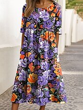 ieftine rochie florală-Pentru femei Rochii Midi Rochie A line Rochie de vară Vacanță Casual Concediu Fit regulat Floral Grafic Manșon Jumate Stil Nautic Albastru piscină Mov Trifoi Bej Vară Primăvară