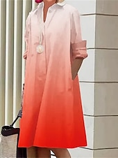 preiswerte Druck Blumen Kleider-Damen Midikleid Hemdblusenkleid Freizeitkleid Mode Modern Täglich Strand Wochenende Normale Passform Farbverläufe Langarm Hemdkragen Schwarz Gelb Rote Blau Frühling Herbst