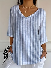 preiswerte Damen Streifen- und geometrische Oberteile-Damen Boho-Hemd Gestreift Lässig Boho Halbarm Normale Oberteile Blau Frühling, Herbst, Winter, Sommer