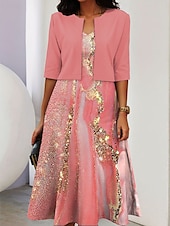 abordables Art &amp; Design Robe-Ensemble de robes pour femmes en deux pièces robe midi avec veste élégante robe en A manches mi-longues robe décontractée semi-formelle imprimé graphique ombragé encolure en V rendez-vous noire rose