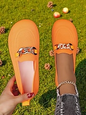 abordables Chaussures sans lacet et mocassins femme-Mocassins Flyknit orange à bout large pour femme – chaussures plates décontractées, confortables et respirantes avec chaîne en métal, idéales pour le shopping, le travail et les promenades dans le jardin
