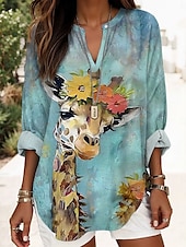 voordelige Dieren Toppen-Dames Blouse Grafisch dier Elegant Stijlvol Modern Lange mouw V-hals Normale tops Dagelijks Feestdagen Afdrukken Geel blauw Khaki Regenboog Zomer Lente