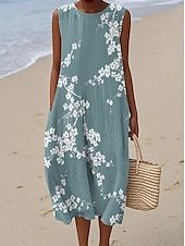 billiga Bohemklänningar-Dam Midiklänning Solklänning Skiftklänning A linjeklänning Semester Ledigt Boho Utekväll Strand Lös passning Blommig Grafisk Ärmlös Rund halsringning Rodnande Rosa Purpur Grön Naturvit Sommar Vår