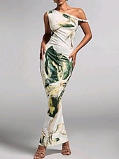 abordables Robes fleuries élégantes-Femmes Robe Longue Maxi Robe Robe Imprimée Mode Extérieur Sortir Week-end Coupe régulière Fleur Sans manches Une Épaule Violet Vert Été