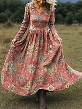 economico Abiti Boho-Per donna Abito maxi Abito a trapezio Vacanza Casual Boho Spiaggia Vestibilità regolare Floreale Grafico Paisley Manica Lunga Scollo a V Rosa Rosso Blu Verde Primavera Autunno