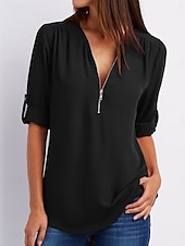 abordables Hauts Unis pour Femmes-Femmes Chemisier Uni Quotidien Demi Manches Col en V Hauts Réguliers Quotidien Fermeture éclair Noir Rose Claire Marron Vert Été Printemps Automne