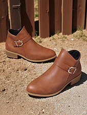 abordables Botines-Botines marrones de piel sintética para mujer: botines de tacón bajo con hebilla y cremallera lateral para salidas de otoño, paseos por el campo y uso diario.