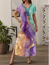 abordables Art &amp; Design Robes-Femmes Robe Midi Robe d&#039;Été Robe trapèze Vacances Occasionnel Boho Sortir Coupe Ample A Ombre Graphique Géométrique Manche Courte Col en V bleu marine Bleu Bleu Ciel Violet Été Printemps Automne