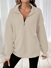 baratos Tops Simples-Mulheres Moletom Tecido Casual Manga Longa Gola Alta Tops regulares Rua Dia a Dia Patchwork Zíper Preto Fúcsia Cinzento Escuro Bege Cinzento Outono Inverno