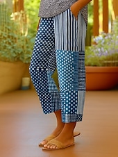 billige Straight-Leg Bukser-Dame kinesisk Shorts Avskårede bukser Elegant Ferie Årgang Ankel-lengde Høy Midje Blomstret Grafisk Stripet Multi Layer Uelastisk utendørs Gate Daglig Sjø blå Blå Sommer Vår Normal