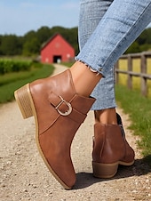 abordables Botines-Botines marrones de piel sintética para mujer: botines de tacón bajo con hebilla y cremallera lateral para salidas de otoño, paseos por el campo y uso diario.