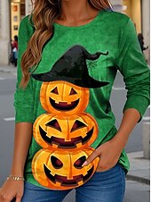 abordables Hauts d&amp;#39;Halloween-Halloween Femmes T-shirt Graphique Potiron ancien Élégant Classique manche longue Col ras du cou Hauts Réguliers Quotidien Imprimé Bleu Violet Vert Kaki Printemps Automne