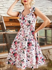 halpa Mekot-Retro / vintage 1950-luku rockabilly Keskipäivä Swing -mekko Flare mekko Istuvuus ja levennys Kukka Naamiaispuku Naisten Naamiaiset Loma Kausaliteetti Retro-teemaiset juhlat Aikuiset Leninki Kevät